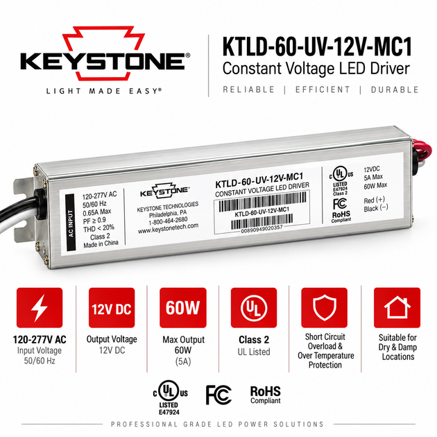 Keystone KTLD-60-UV-12V-MC1 60W 12V Pocket Constant Voltage LED Driver – 120-277V