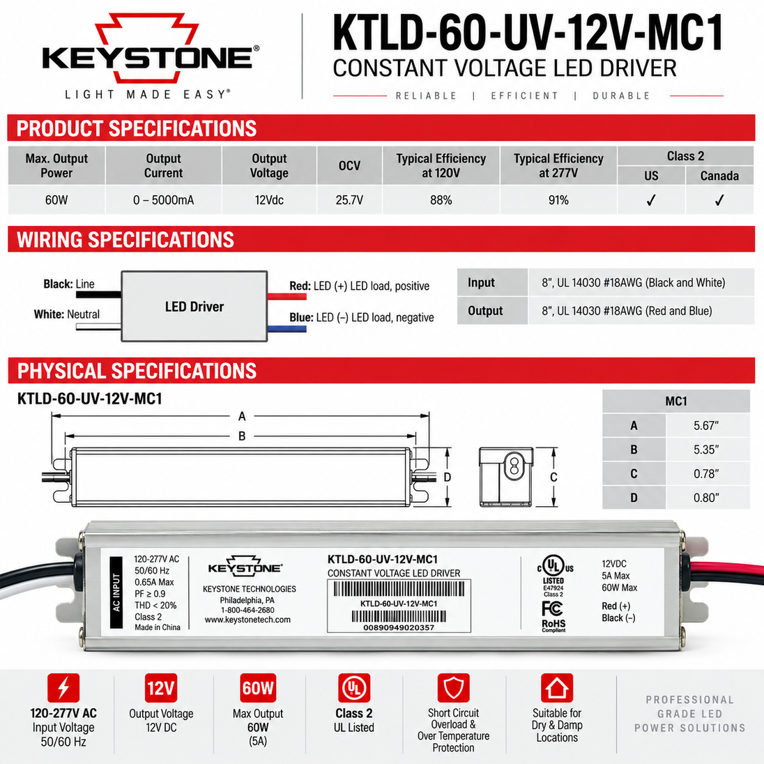 A technical specification sheet for the Keystone KTLD-60-UV-12V-MC1 constant voltage LED driver, featuring product specs, wiring specifications, physical dimensions, and feature icons on a white background.