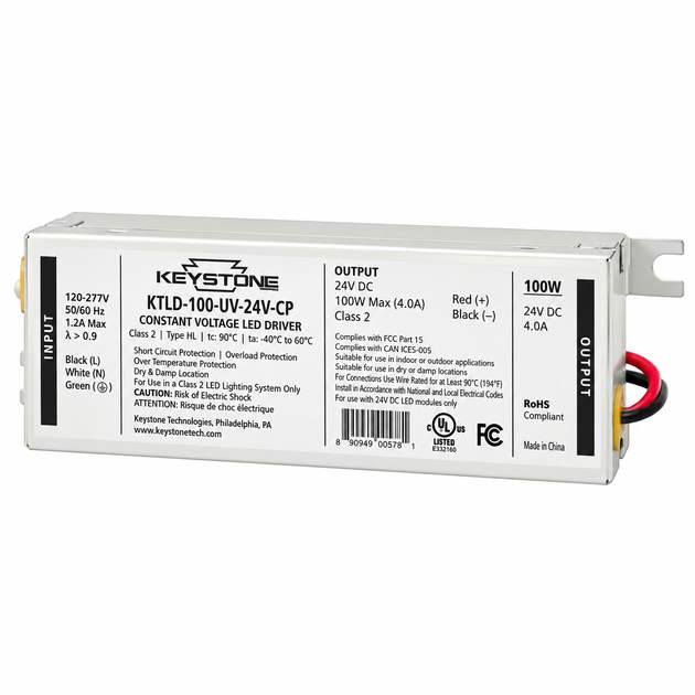 Keystone KTLTD-100-UJV-24V-CP constant voltage LED driver power supply, 100W, 24V DC, with a white metal housing, black side labels, and red/black wire leads, shown on a white background.