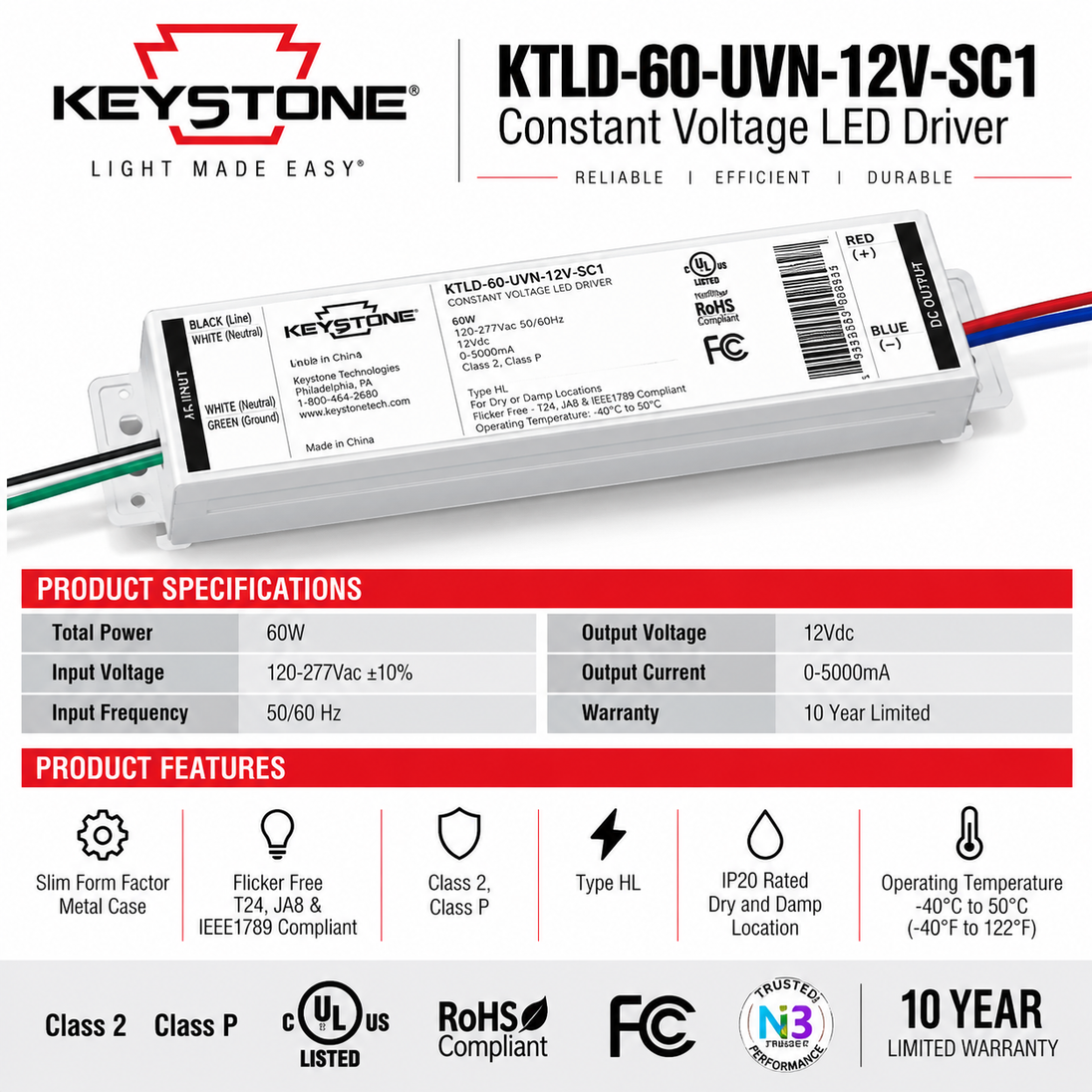 A Keystone KTLD-60-UUVN-12V-SC1 constant voltage LED driver power supply, shown on a white background with product specifications and features highlighted in red and blue text banners.