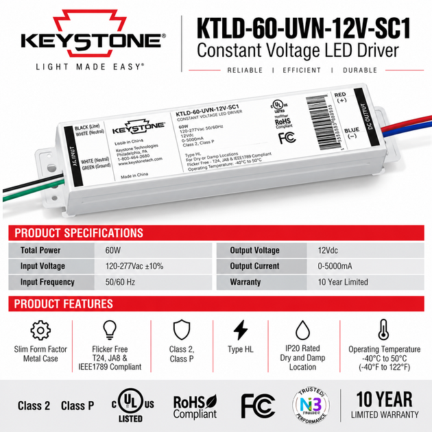 A Keystone KTLD-60-UUVN-12V-SC1 constant voltage LED driver power supply, shown on a white background with product specifications and features highlighted in red and blue text banners.