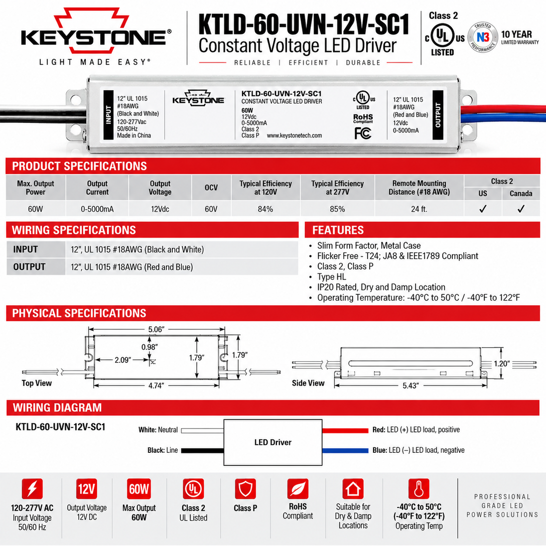 A technical product datasheet for the Keystone KTLD-60-UVN-12V-SC1 Constant Voltage LED Driver, featuring product specifications, wiring specifications, physical dimensions, and a wiring diagram on a white background with red and blue accent banners.