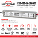 Keystone KTLD-100-UV-24V-MC2 constant voltage LED driver power supply on a white background with product specifications, icons, and warranty information.