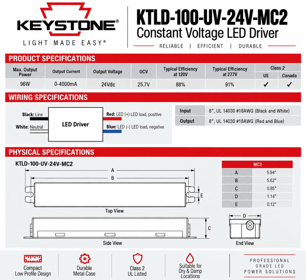 Technical datasheet for the Keystone KTLD-100-UV-24V-MC2 Constant Voltage LED Driver, featuring product specifications, wiring specifications, physical dimensions, and an MCFB table on a white background.