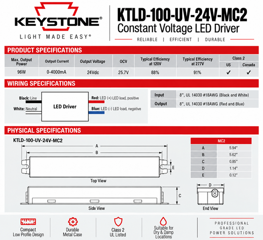 Keystone KTLD-100-UV-24V-MC2 constant-voltage LED driver for professional sign lighting
