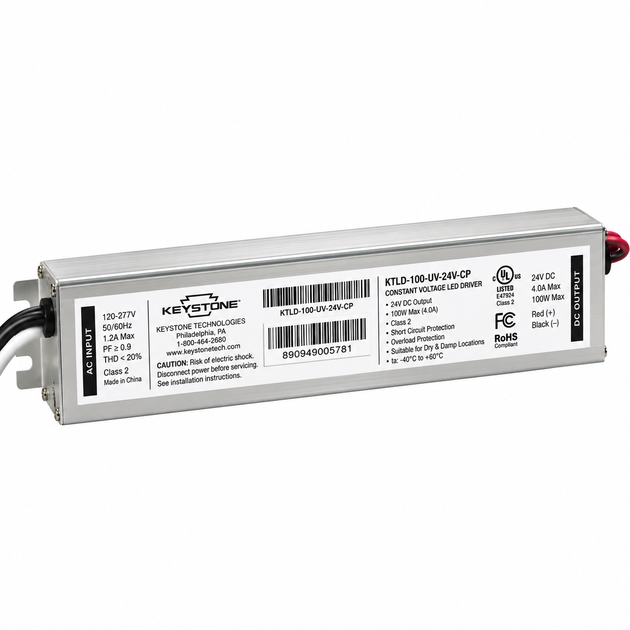 Keystone KTLD-100-UV-24V-CP constant output LED driver power supply, featuring a silver metal casing with a white printed label containing specifications and barcodes.