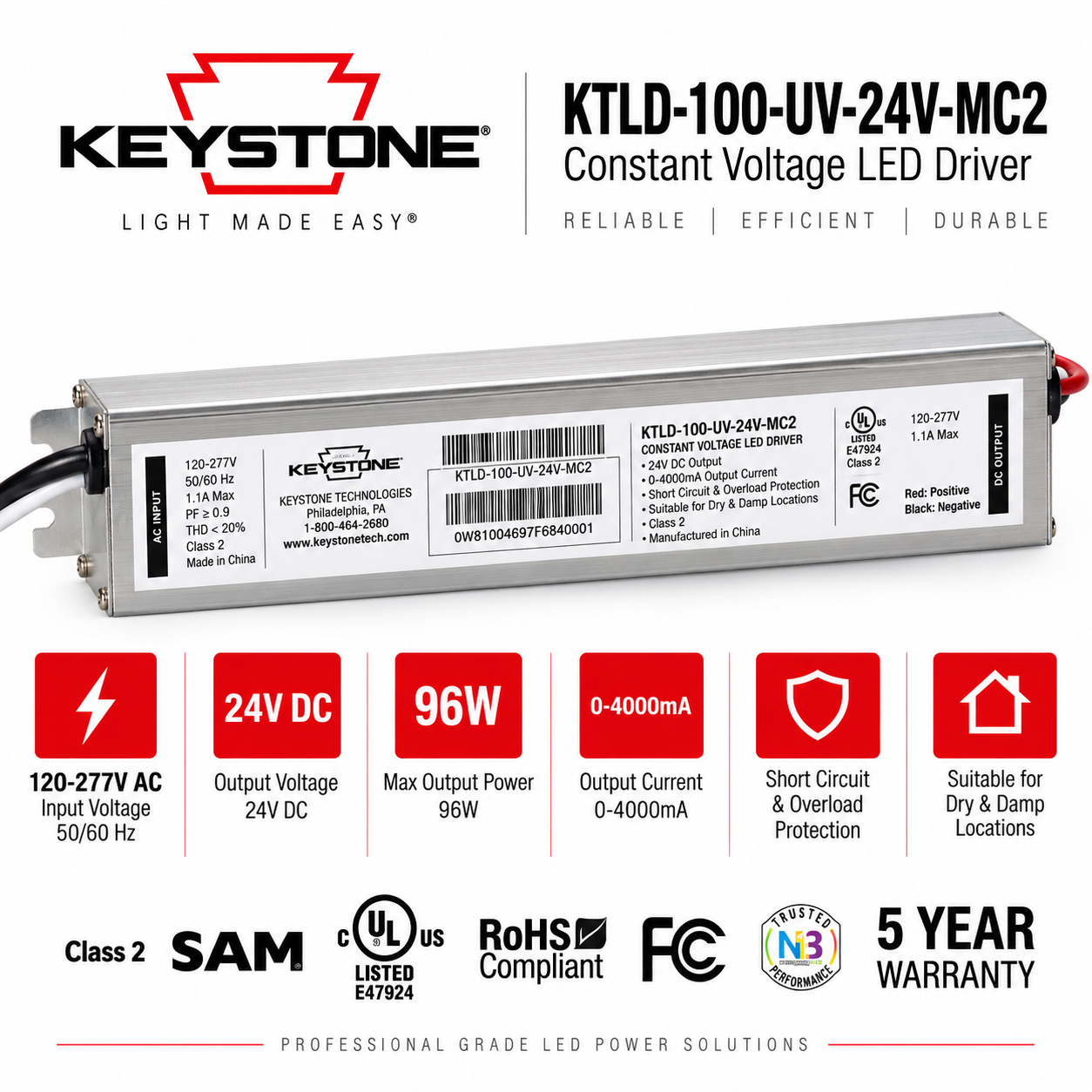 Keystone KTLT-100-UV-24V-MC2 Constant Voltage LED Driver power supply shown on a white background with product specs and feature icons below.