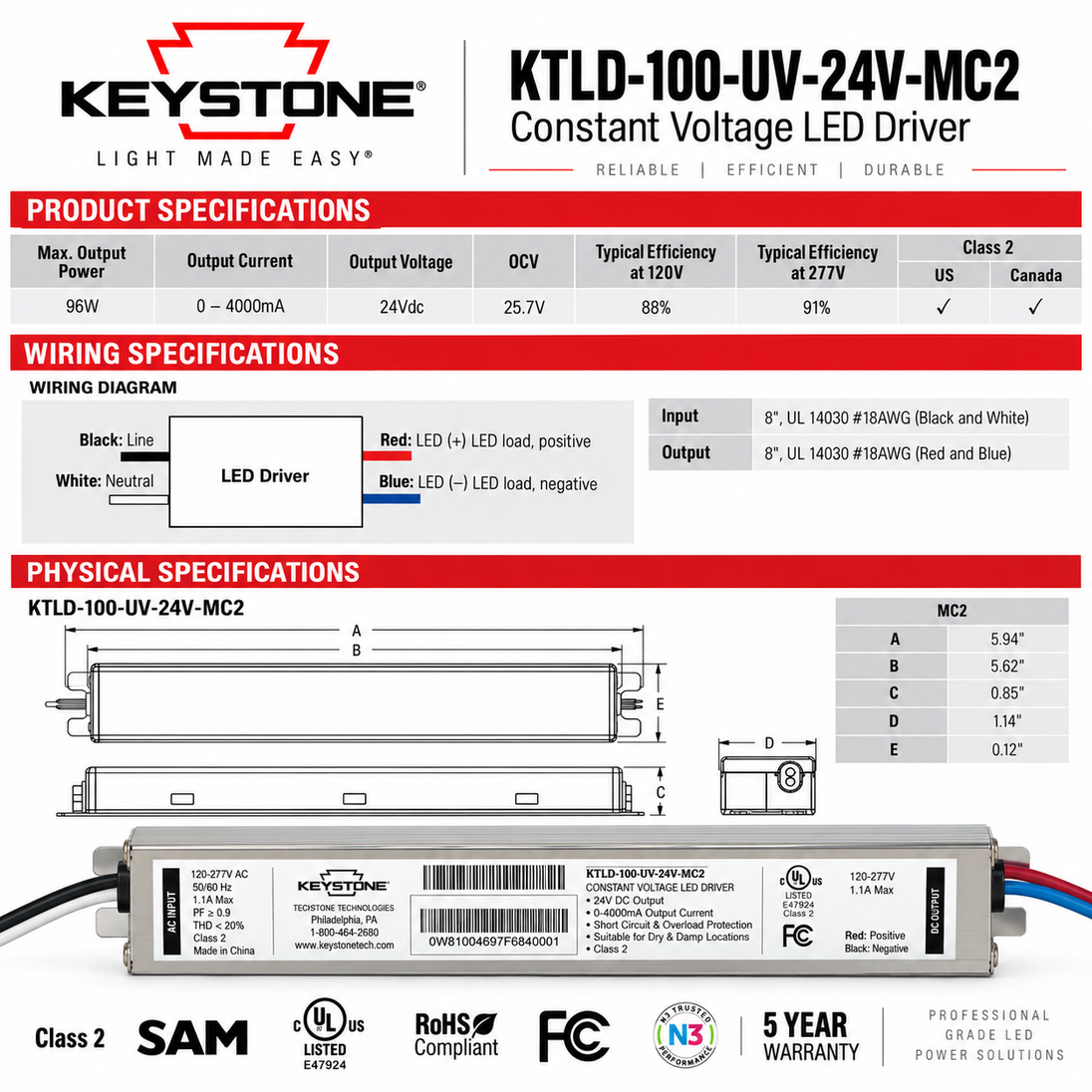 Technical datasheet for the Keystone KTLD-100-UV-24V-MC2 Constant Voltage LED Driver, featuring product specifications, wiring diagram, physical dimensions, and compliance badges.