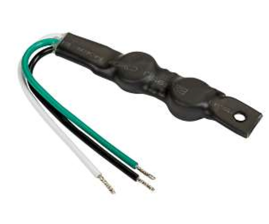 A black plastic electrical terminal block with three attached wires (green, black, and white) on a plain white background.
