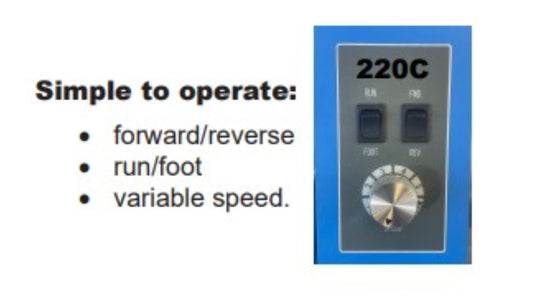 Control panel with buttons and a dial labeled '220C' on a white background.