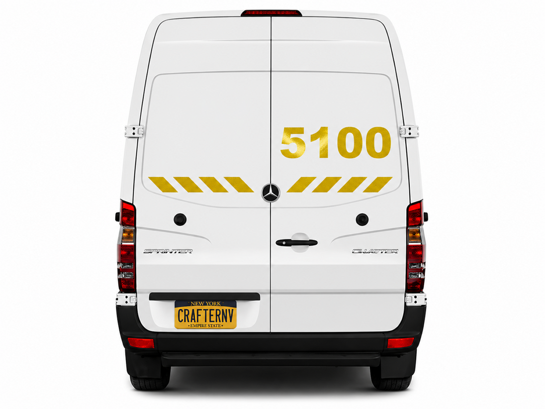 White van with yellow numbering and branding on a white background