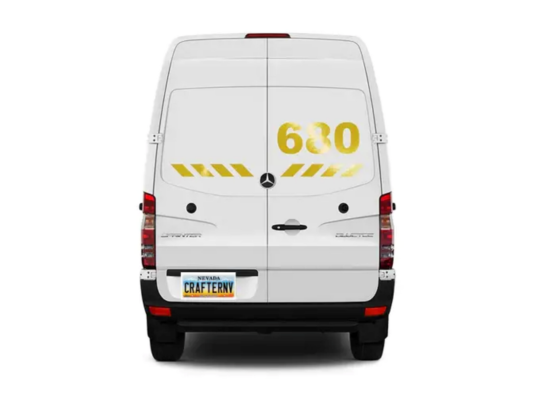 White van with yellow numbering on a white background
