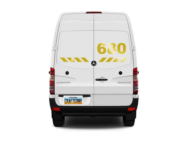 White van with yellow numbering on a white background
