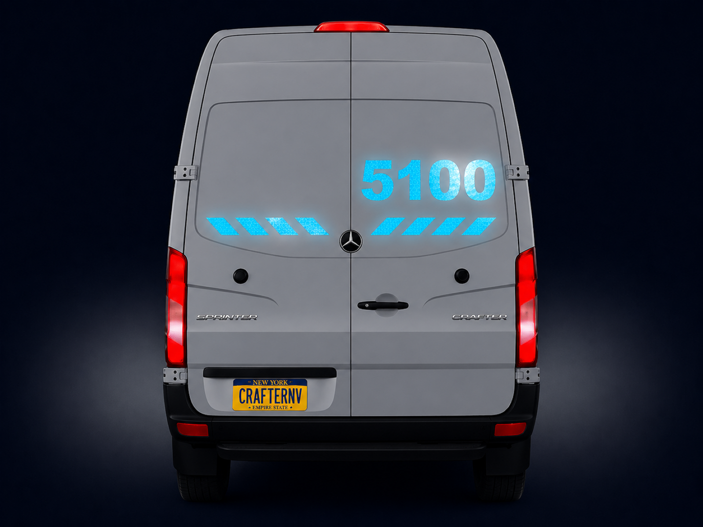 Back view of a Mercedes-Benz van with digital display and 'Crafter NV' branding.