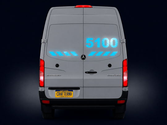 Back view of a Mercedes-Benz van with digital display and 'Crafter NV' branding.