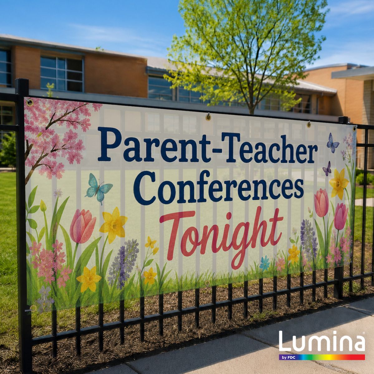 Outdoor sign for parent-teacher conferences with flowers and butterflies, in front of a building.
