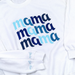Blue glitter HTV apparel decoration example on a white sweatshirt