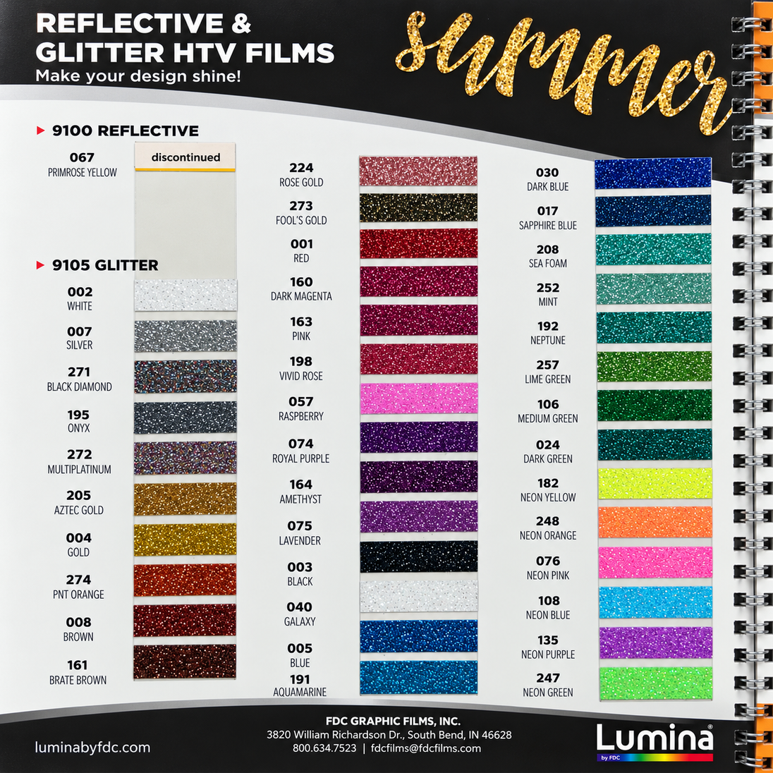 Lumina 9105 Glitter heat transfer vinyl full manufacturer color chart