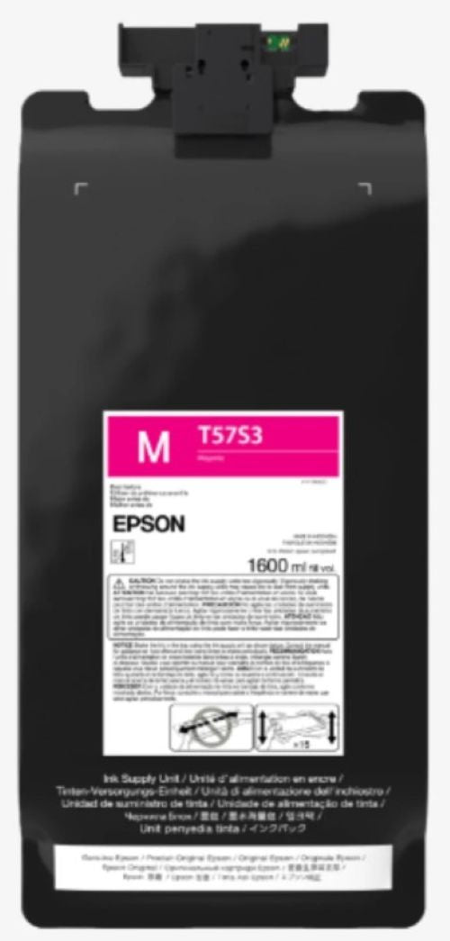 An Epson black toner cartridge, model T5753, with a prominent pink and white label on the front. The cartridge has a black plastic body with a small green indicator light at the top and a black mounting bracket on the upper left.