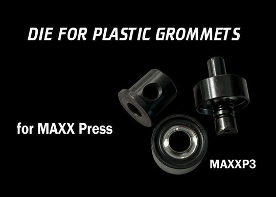 Metallic die for plastic grommets with 'MAXX Press' branding on a black background