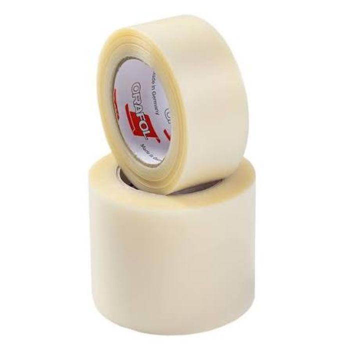 Two rolls of clear tape stacked on a white background, with the top roll showing a red and white brand label.