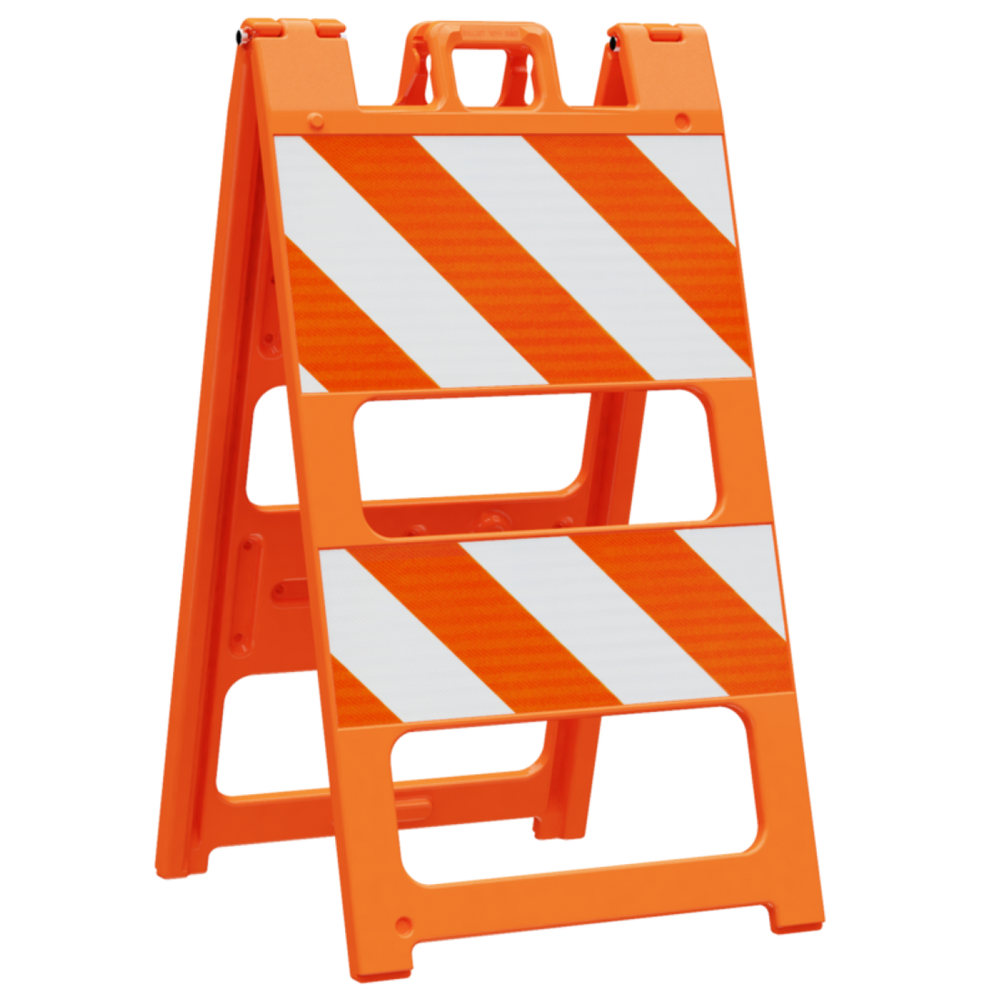 Orange safety barrier with white reflective stripes on a white background