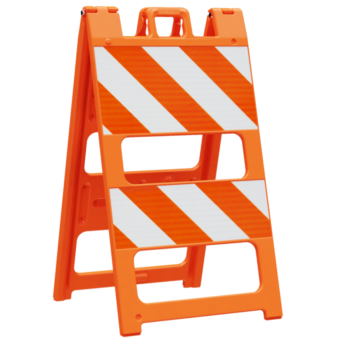 Orange safety barrier with white reflective stripes on a white background