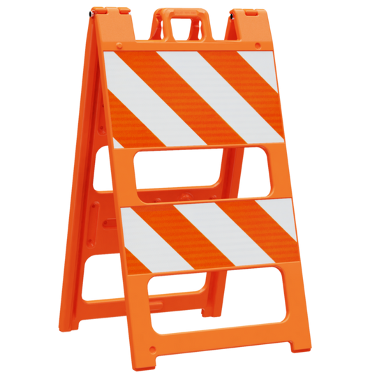 Orange safety barrier with white reflective stripes on a white background