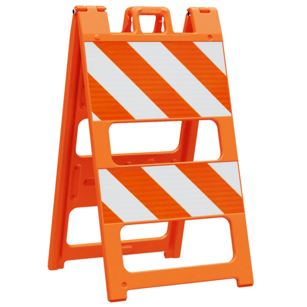 Orange safety barrier with white reflective stripes on a white background