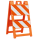 Orange safety barrier with white reflective stripes on a white background