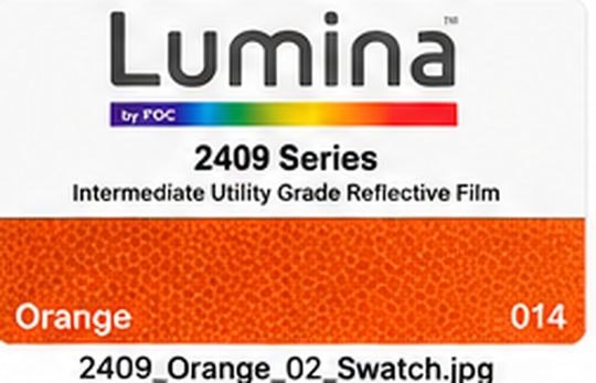 FDC Lumina 2409 Orange reflective vinyl color swatch illustration; verify against manufacturer sample