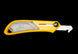 Yellow utility knife with a spare blade holder on a black background