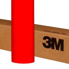 Red 3M vinyl wrap roll with a cardboard box in the background Poppy Red