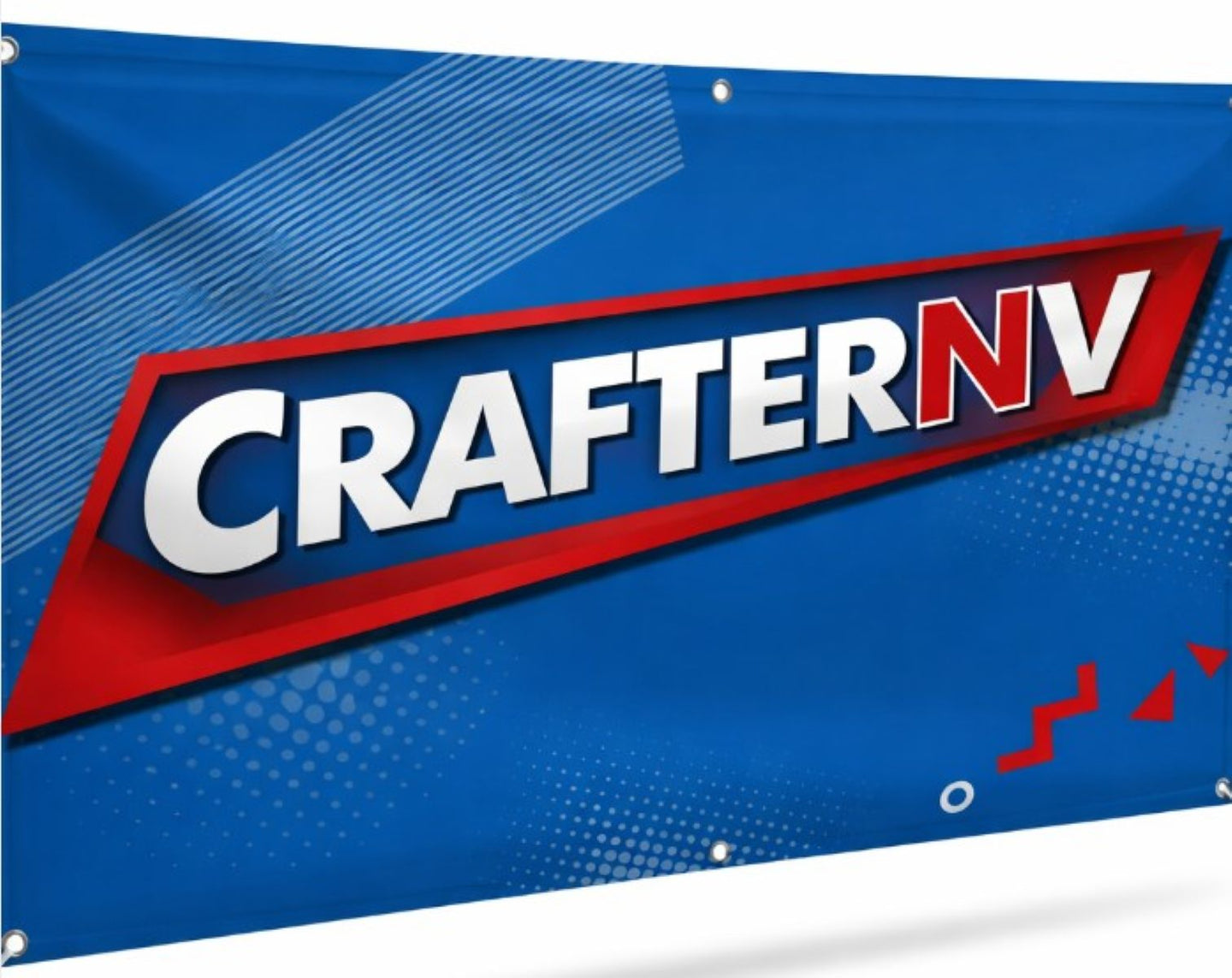 Crafter NV banner with blue background and red and white text