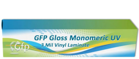 Box of GFP Gloss Monomeric UV 3 Mil Vinyl Laminate with a green and blue design.