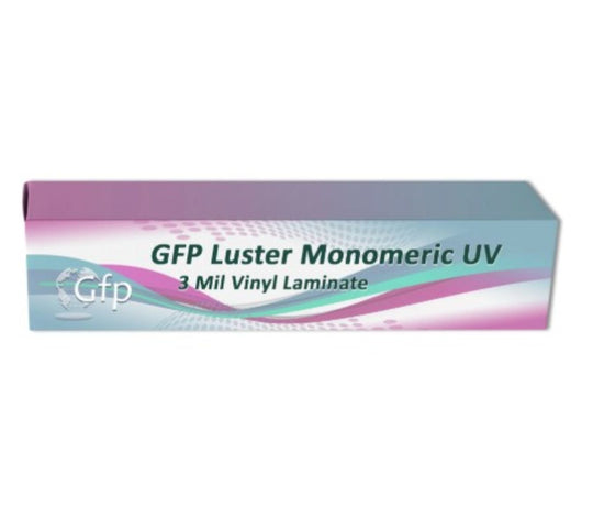Box of GFP Luster Monomeric UV 3 Mil Vinyl Laminate on a white background