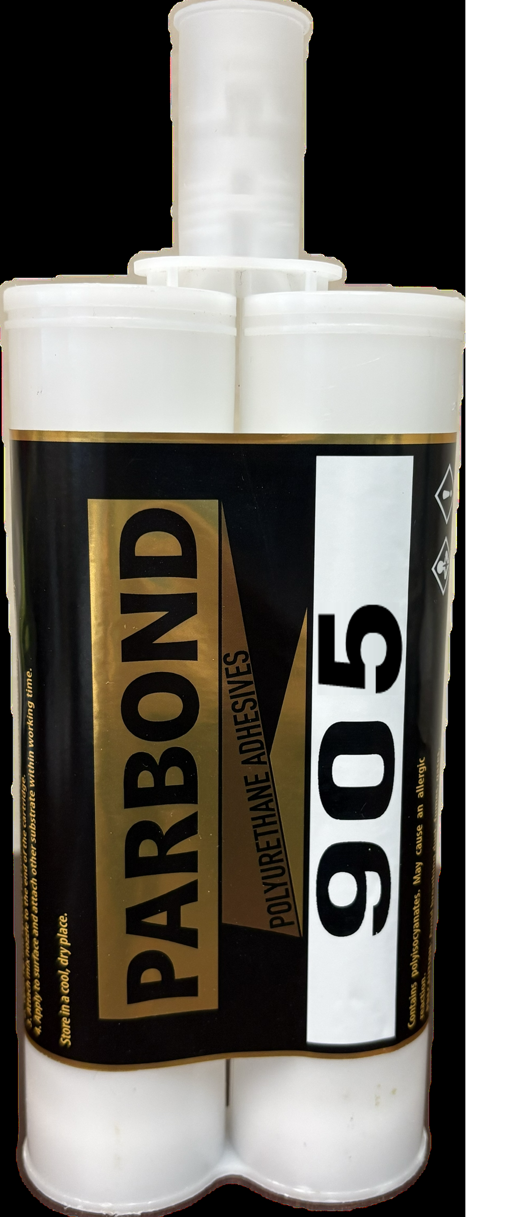 White tube of Parbond 905 adhesive with black and gold label on a black background