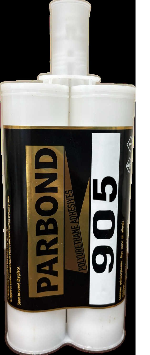 White tube of Parbond 905 adhesive with black and gold label on a black background