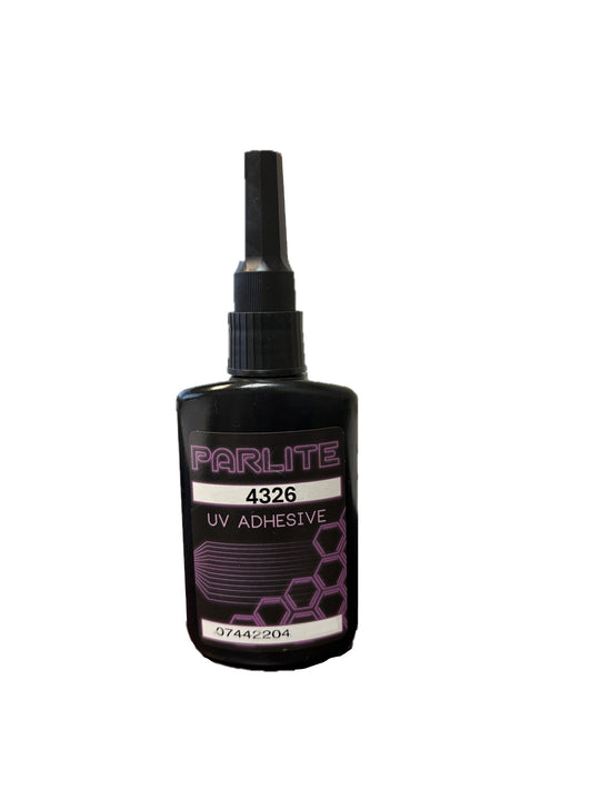 Black bottle of Parlite UV adhesive on a white background