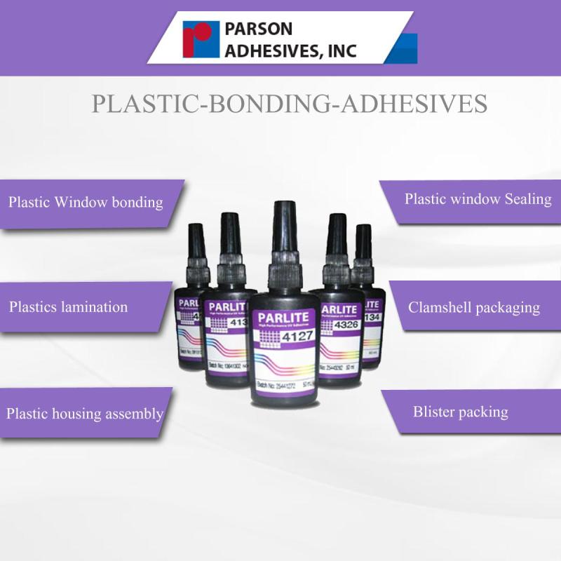 Parson Adhesives, Inc. advertisement for plastic-bonding-adhesives with product bottles and uses listed.