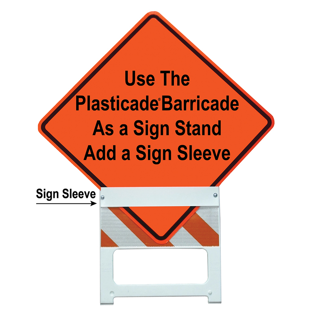 Orange construction sign with text and a plastic barricade stand on a white background
