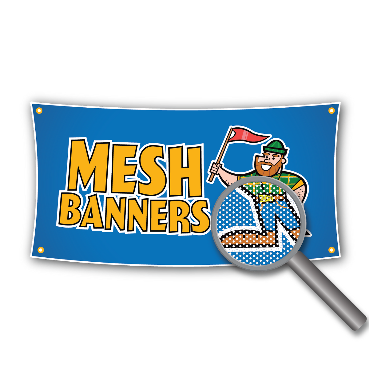 Mesh banners with a cartoon character and magnifying glass on a white background