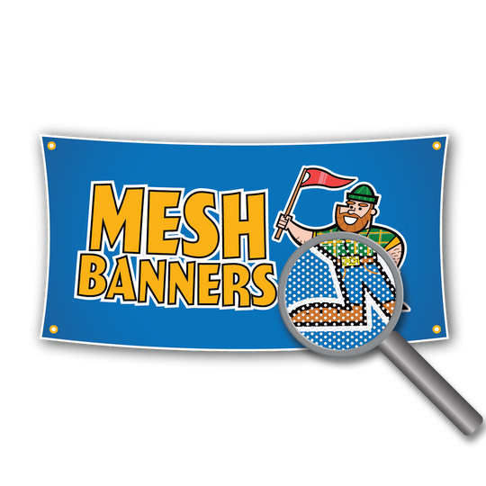 Mesh banners with a cartoon character and magnifying glass on a white background