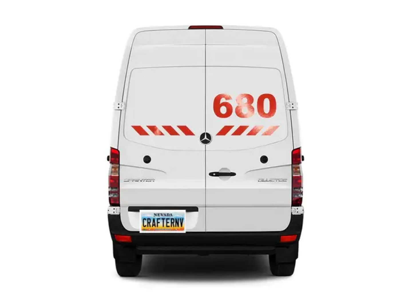 White van with red and black graphics on a white background