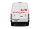 White van with red and black graphics on a white background