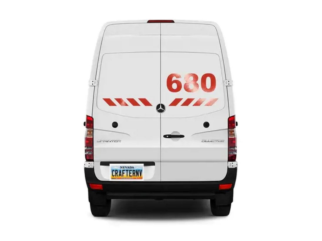 White van with red and black design on a white background
