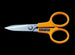 Orange-handled scissors with a visible brand logo on a black background
