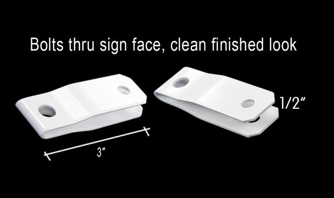 Two white metal brackets with dimensions labeled on a black background