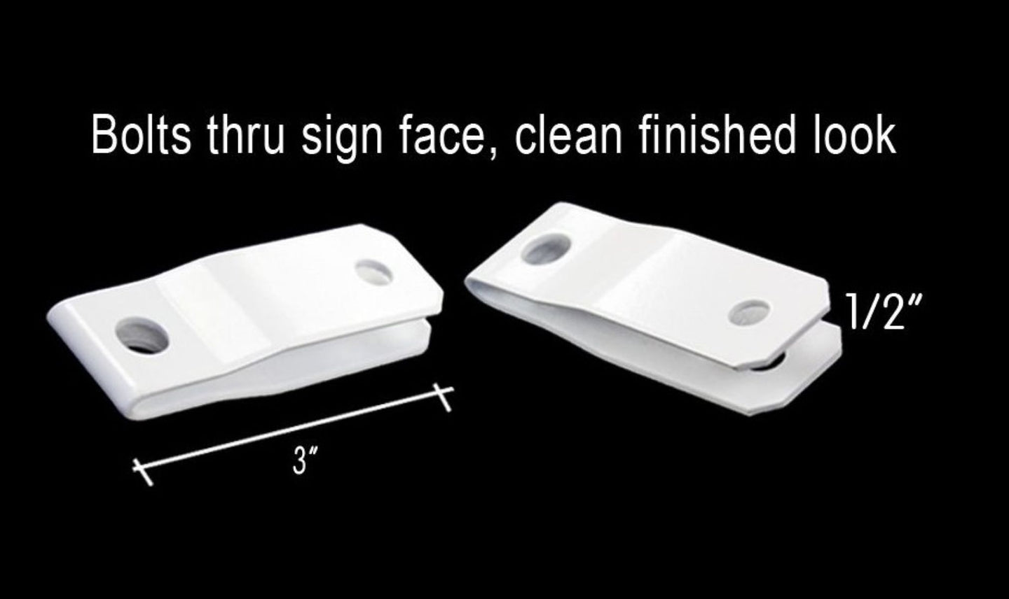 Two white metal brackets with dimensions labeled on a black background