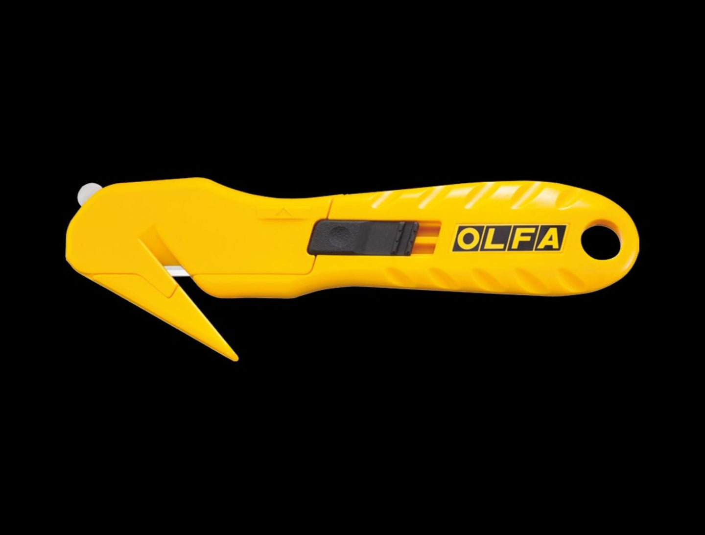 Yellow Olfa cutter on a black background